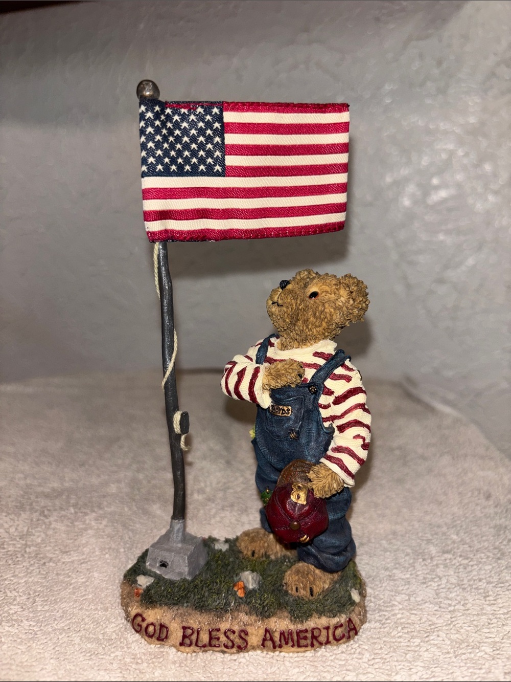 Patriotic Bear Sculpture with American Flag - Red, Blue, Cream